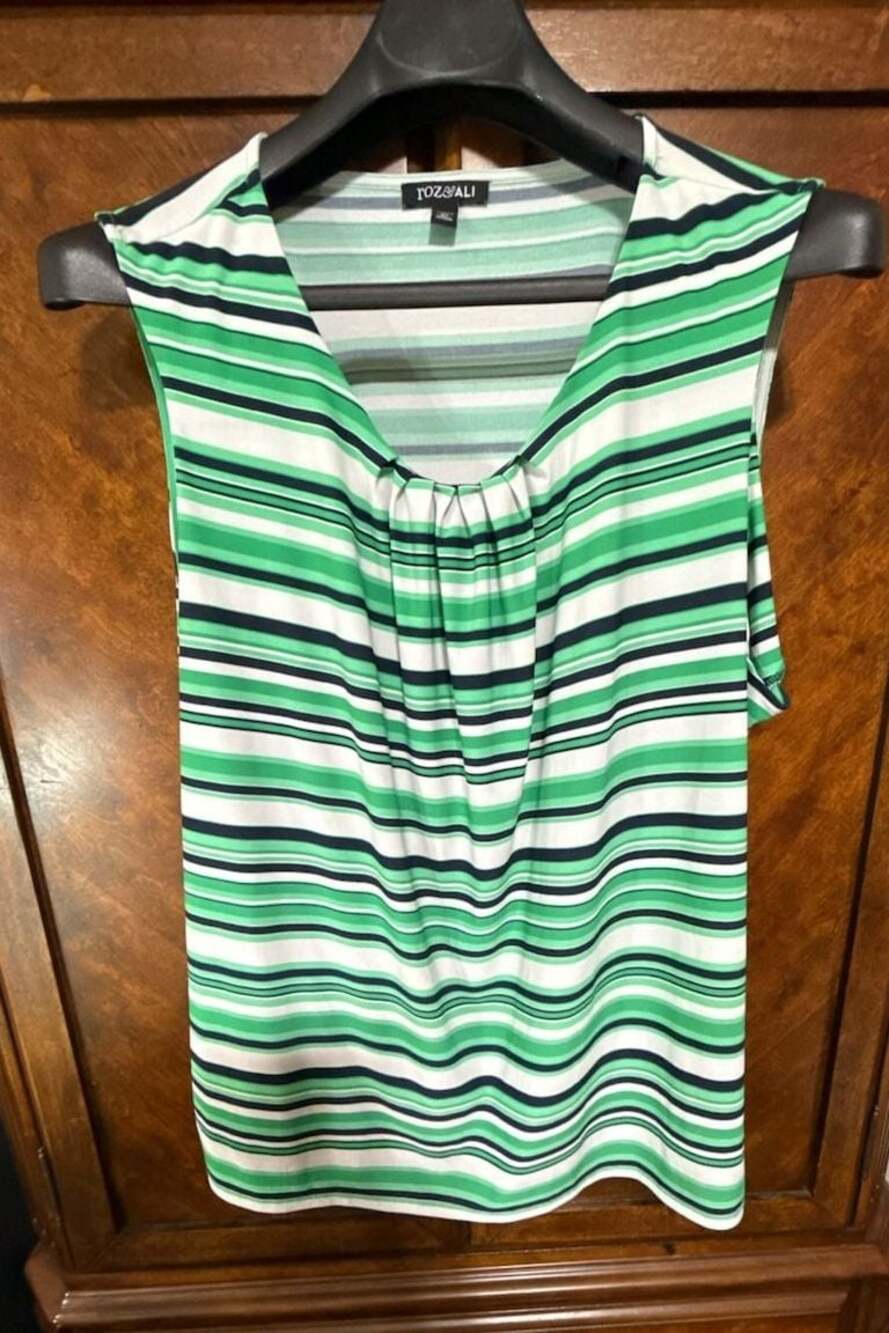 Roz & Ali Women's Green Blue Striped Sleeveless Pleated Neck Blouse Size 3X